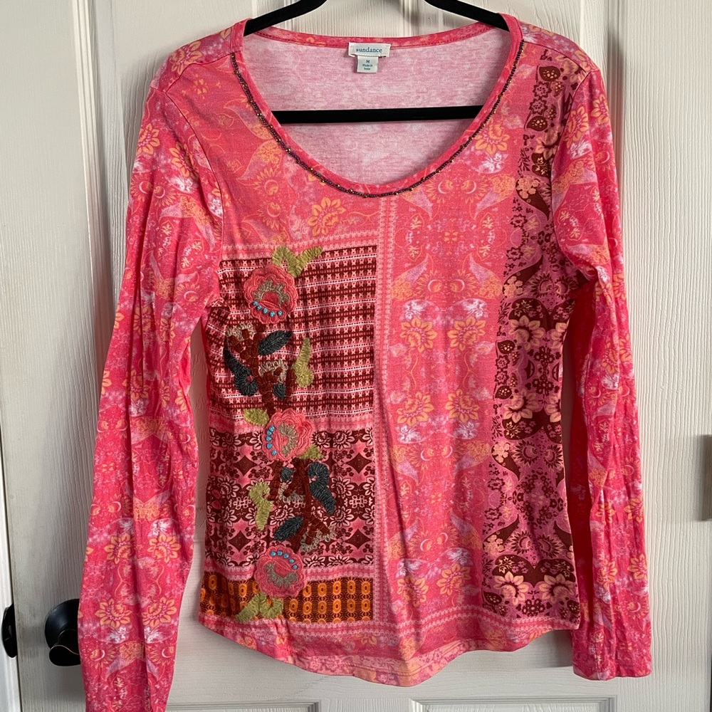 Sundance Beaded Embroidered Long Sleeve Top Tee, Sz Medium
